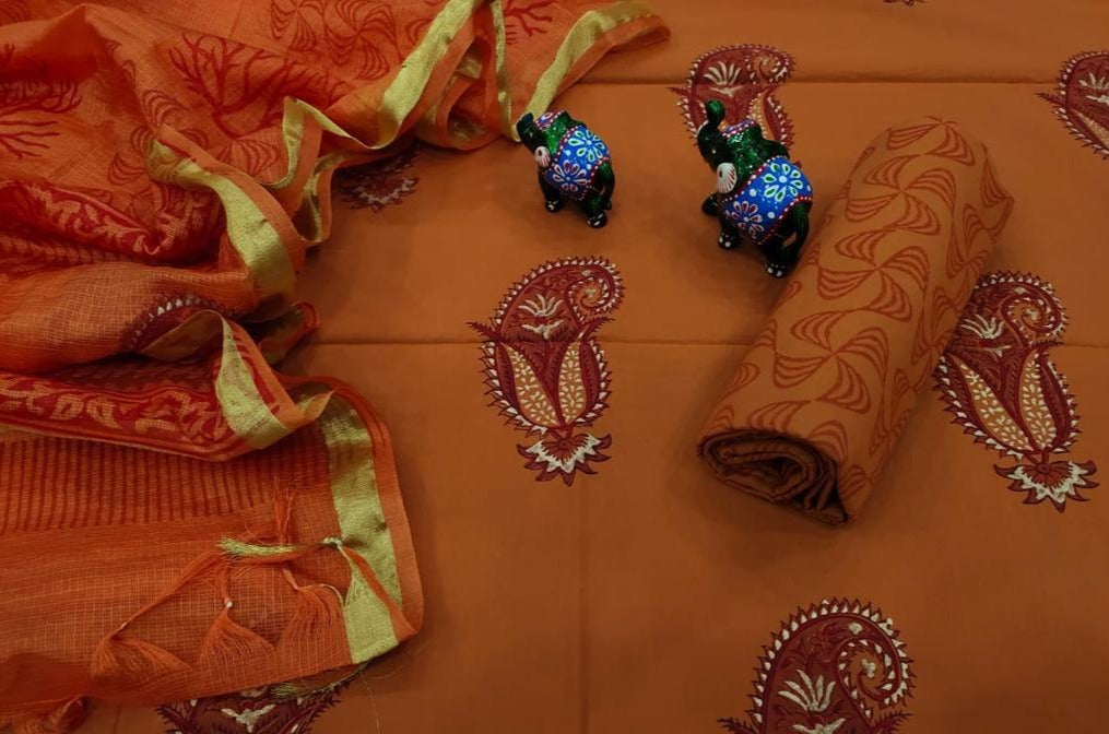 Brown Butta Print Cotton Unstitched Suit Set with Kota Silk Dupatta