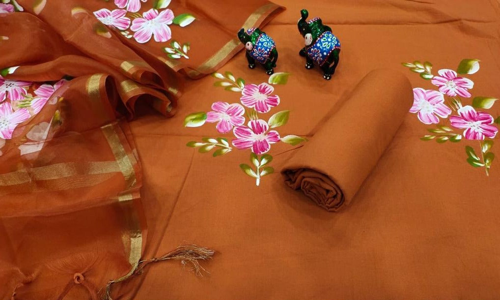 Brown Flower Print Cotton Unstitched Suit Set with Kota Silk Dupatta