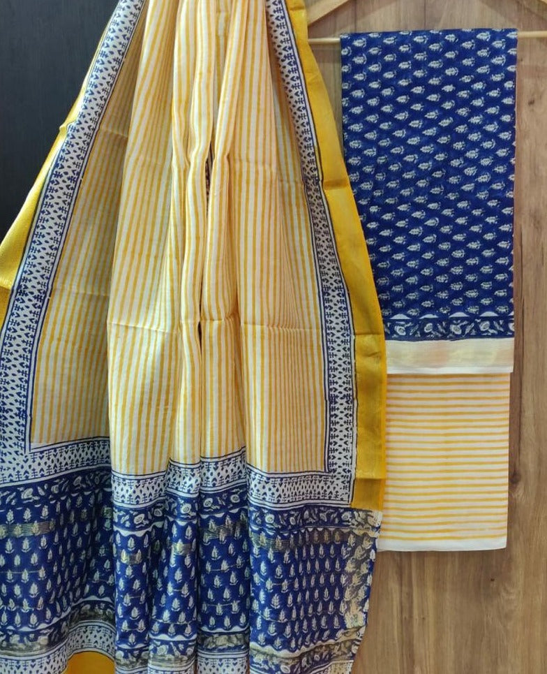 Yellow & Blue Stripes Print Maheshwari Silk Suit Unstitched with Silk Dupatta