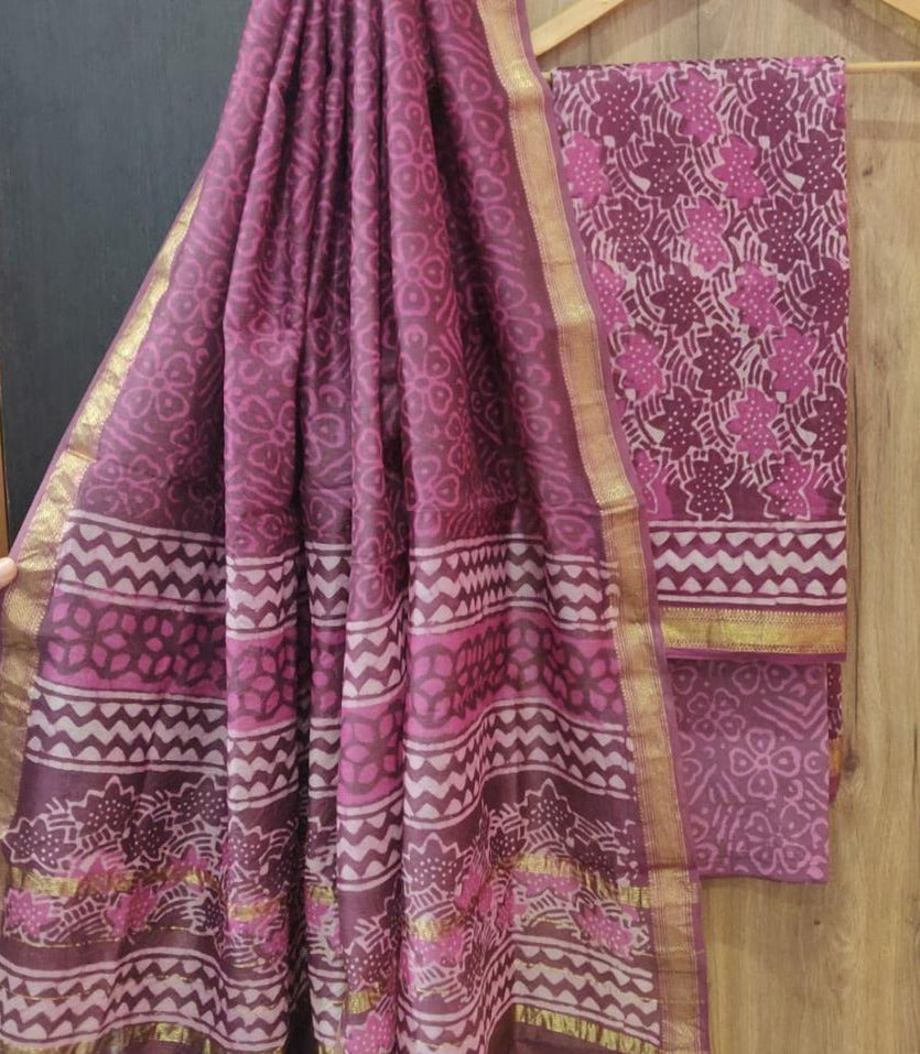 Dark Violet Flower Print Maheshwari Silk Suit Unstitched with Silk Dupatta