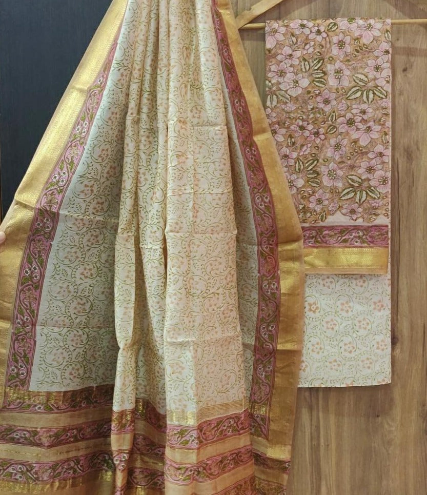 Peach Flower Print Maheshwari Silk Suit Unstitched with Silk Dupatta