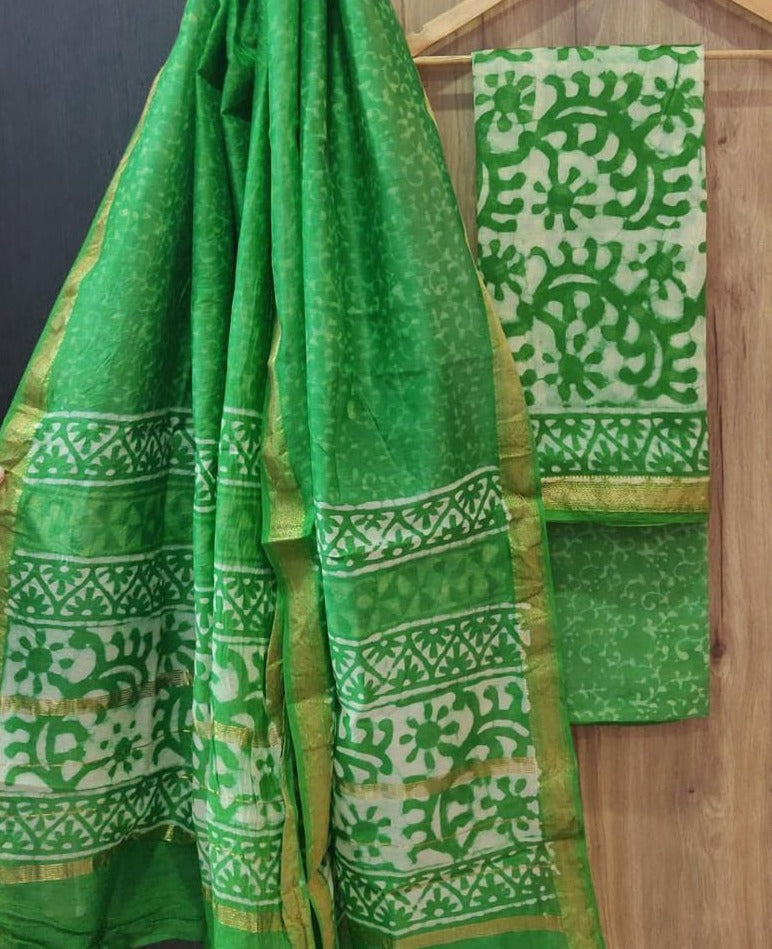 Green Leaf Print Maheshwari Silk Suit Unstitched with Silk Dupatta