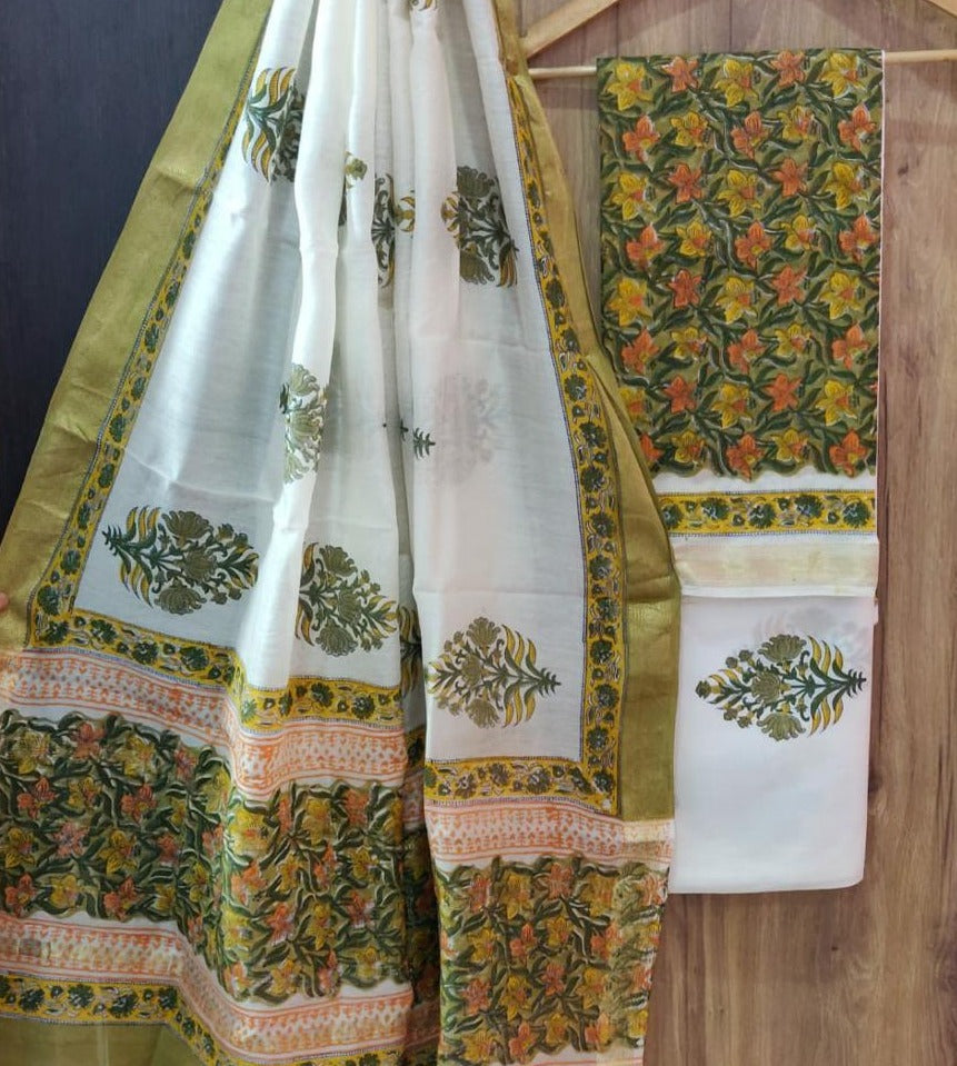 Green Flower Print Maheshwari Silk Suit Unstitched with Silk Dupatta