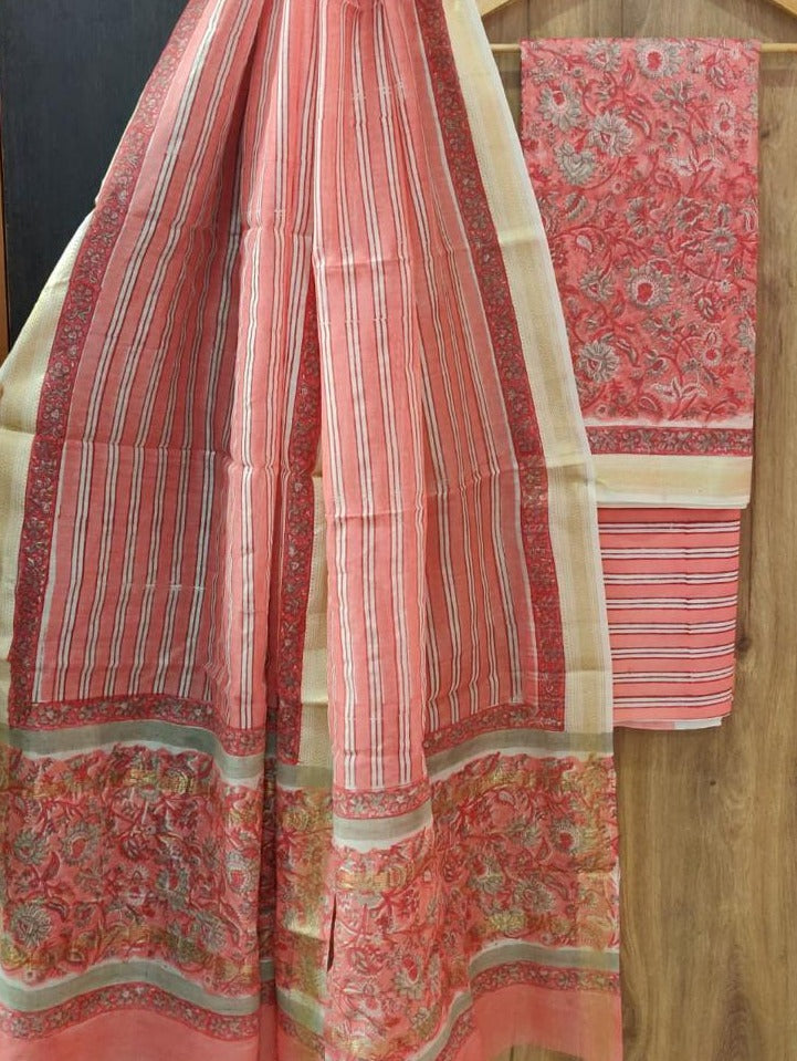 Pink Flower Print Maheshwari Silk Suit Unstitched with Silk Dupatta