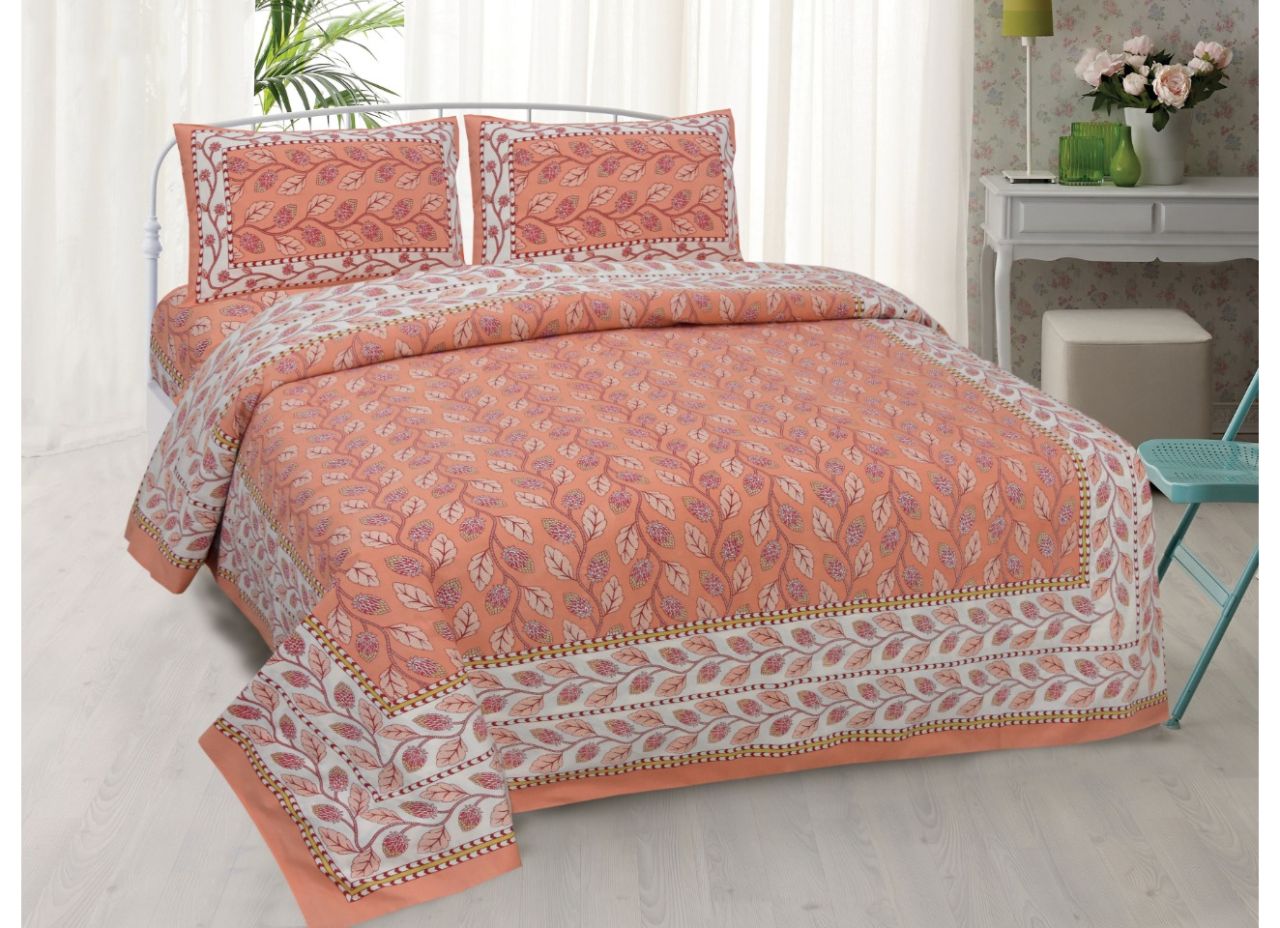 Orange Base Leaves Print King Size Cotton Bed Sheet