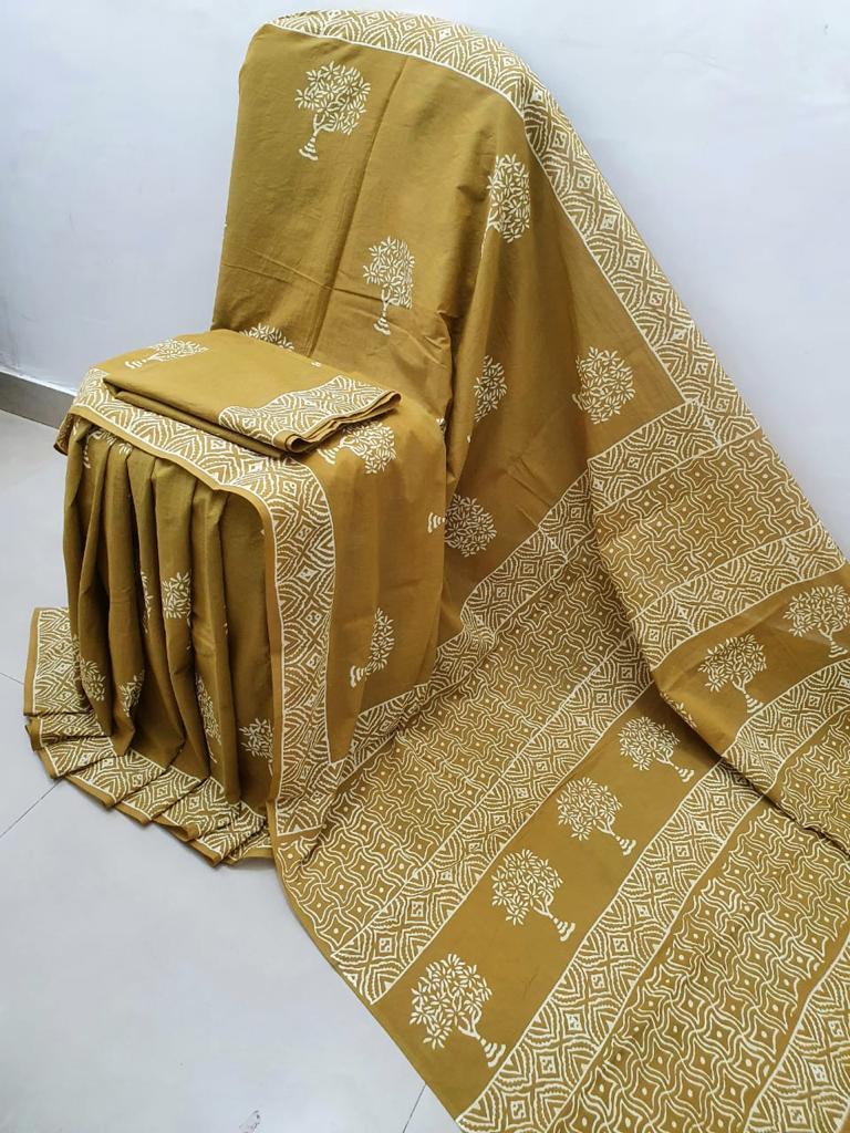 Yellow Tree Print Cotton Mul Mul Saree with Blouse