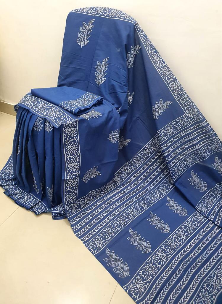 Blue Leaf Print Cotton Mul Mul Saree with Blouse