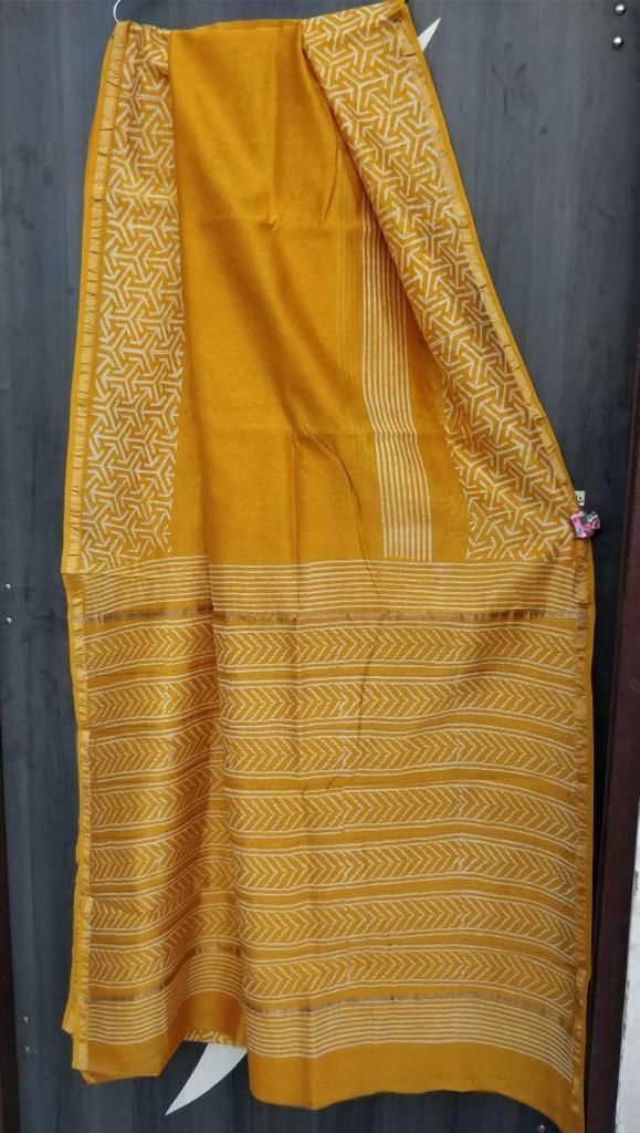 Yellow Stripes Print Chanderi Saree with Blouse