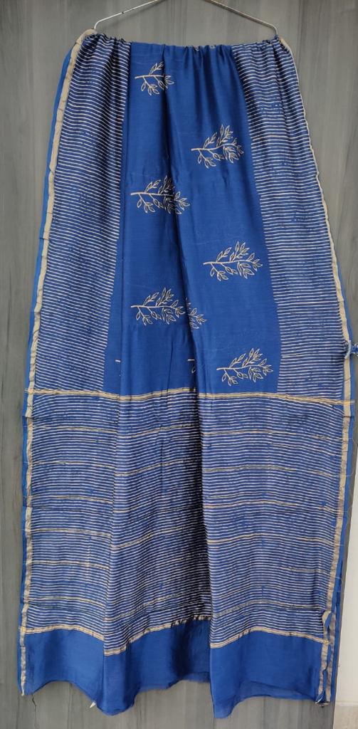 Blue Plant Print Chanderi Saree with Blouse