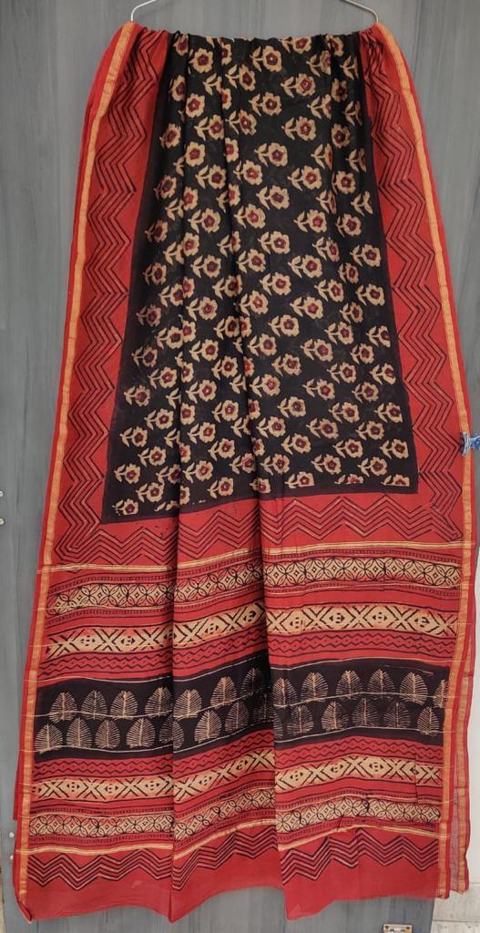 Red Flower Print Chanderi Saree with Blouse