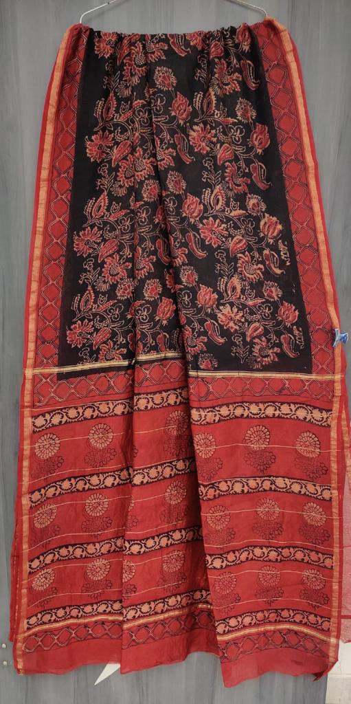 Red Flower Print Chanderi Saree with Blouse