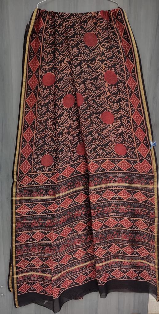 Black & Red Flower Print Chanderi Saree with Blouse