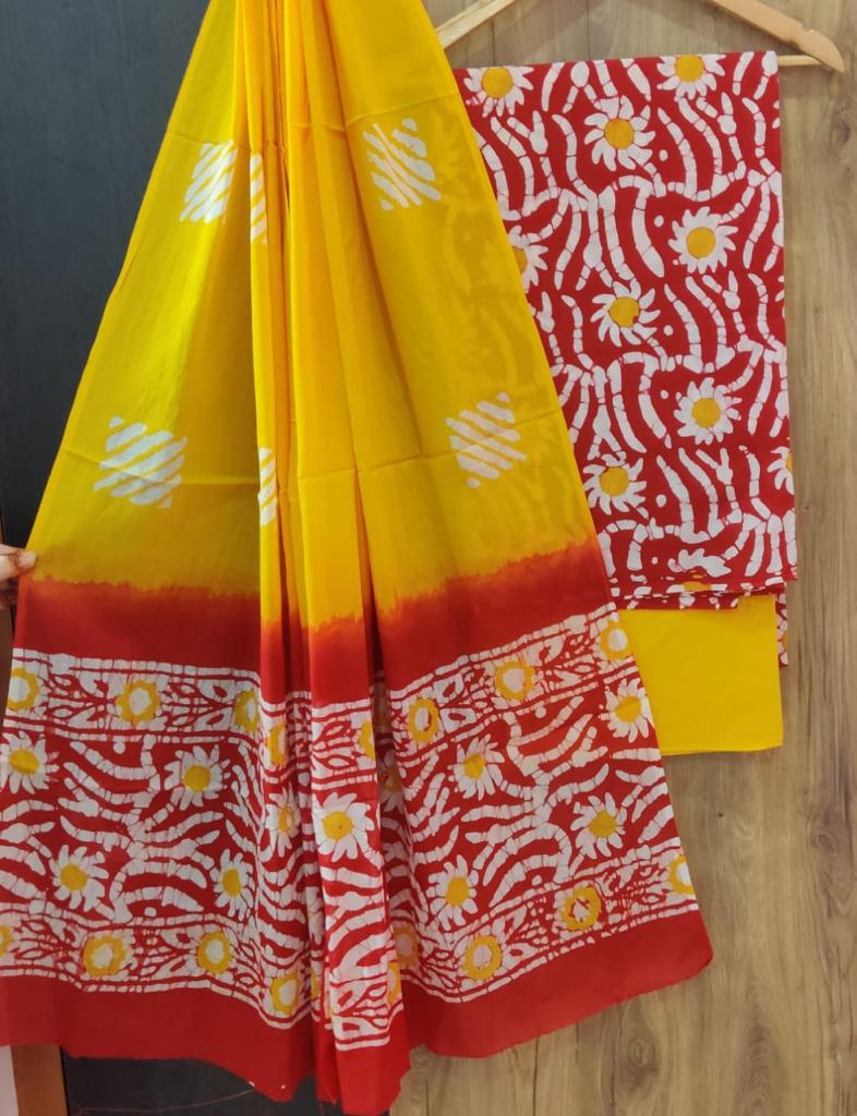 Yellow & Red Flower Print Cotton Unstitched Suit Set with Cotton Dupatta