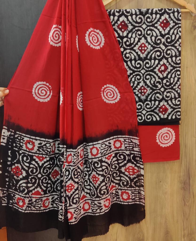 Red & Black Chakra Print Cotton Unstitched Suit Set with Cotton Dupatta
