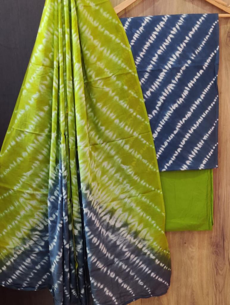 Blue & Green Leheriya Print Cotton Unstitched Suit Set with Cotton Dupatta