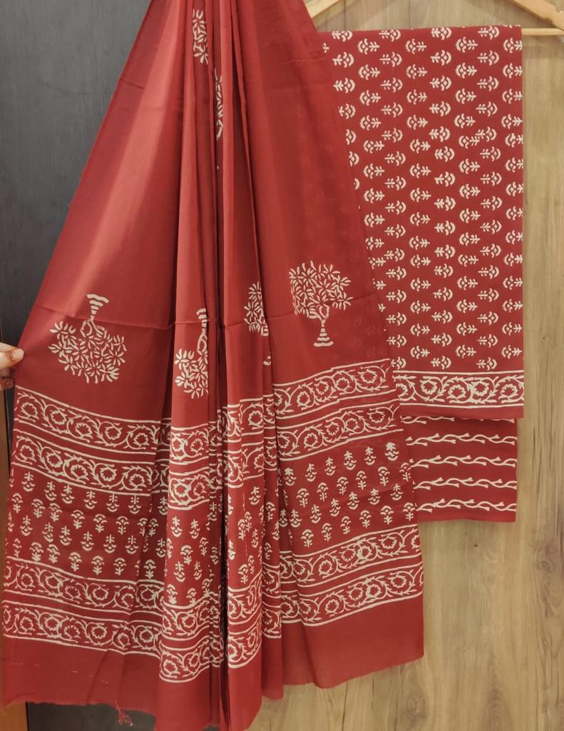Red Tree Print Cotton Unstitched Suit Set with Cotton Dupatta