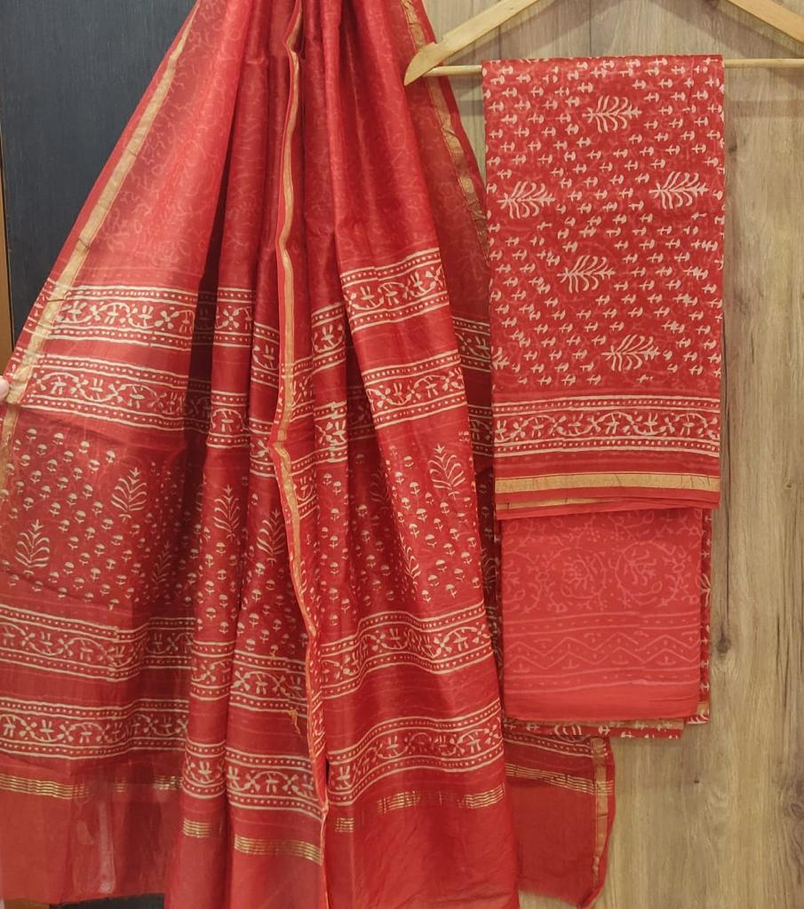 Red Leaf Print Chanderi Unstitched Suit Set with Cotton Bottom