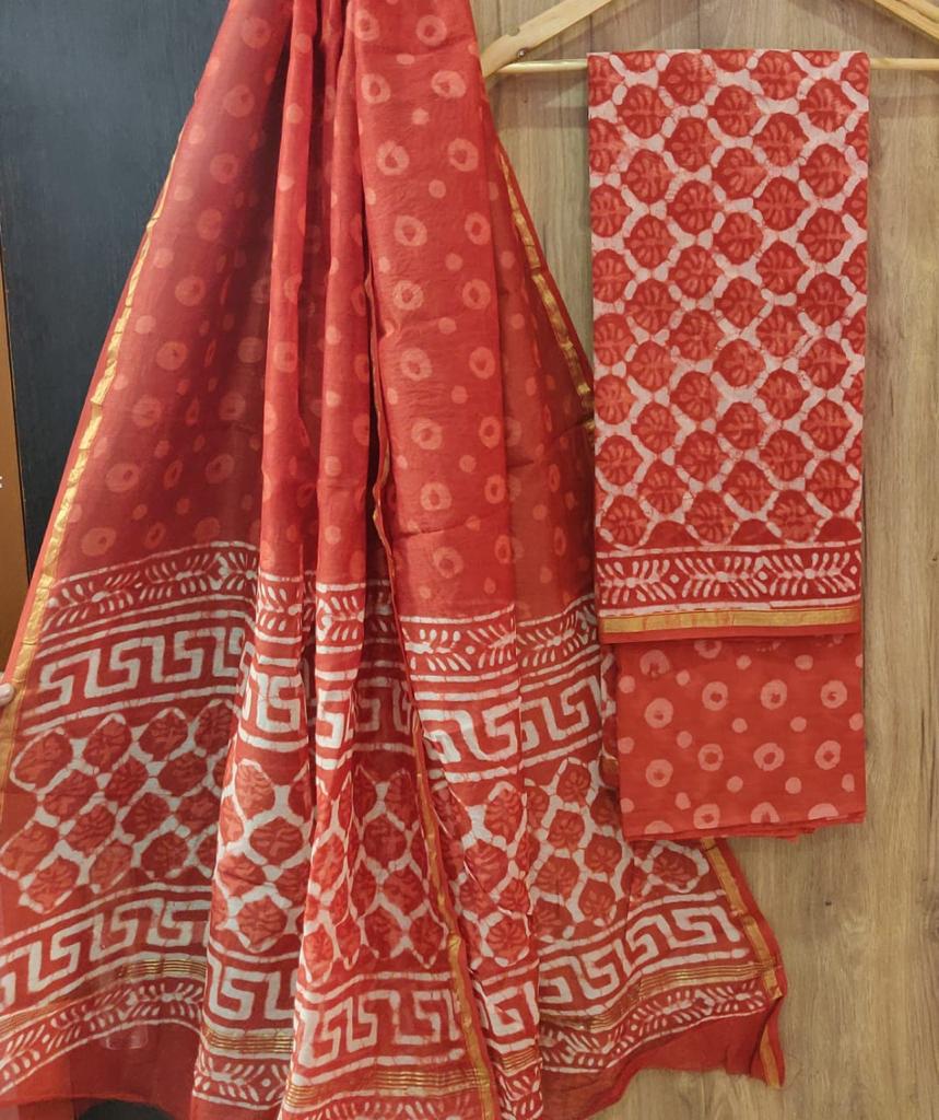 Red Flower Print Chanderi Unstitched Suit Set with Cotton Bottom