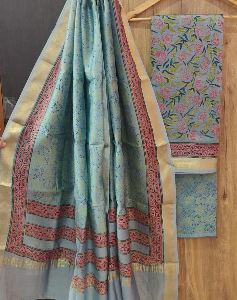 Dark Green Flower Print Maheshwari Silk Suit Unstitched with Silk Dupatta