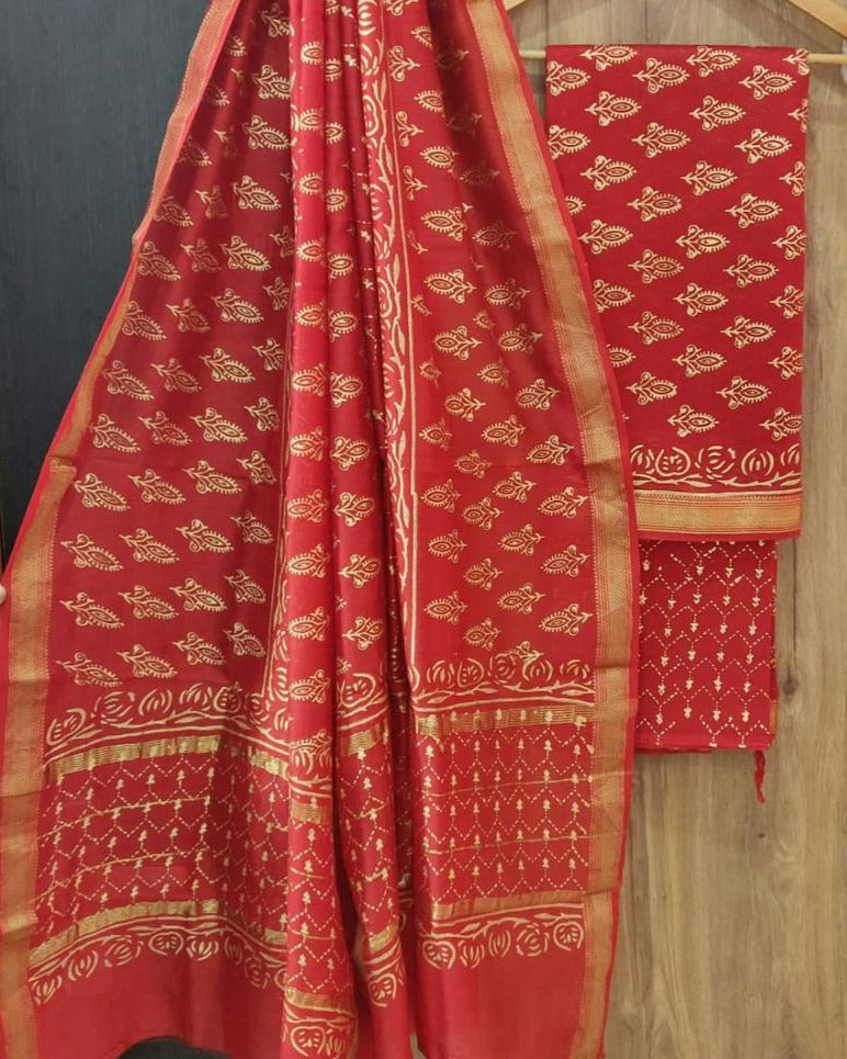 Red Butta Print Maheshwari Silk Suit Unstitched with Silk Dupatta