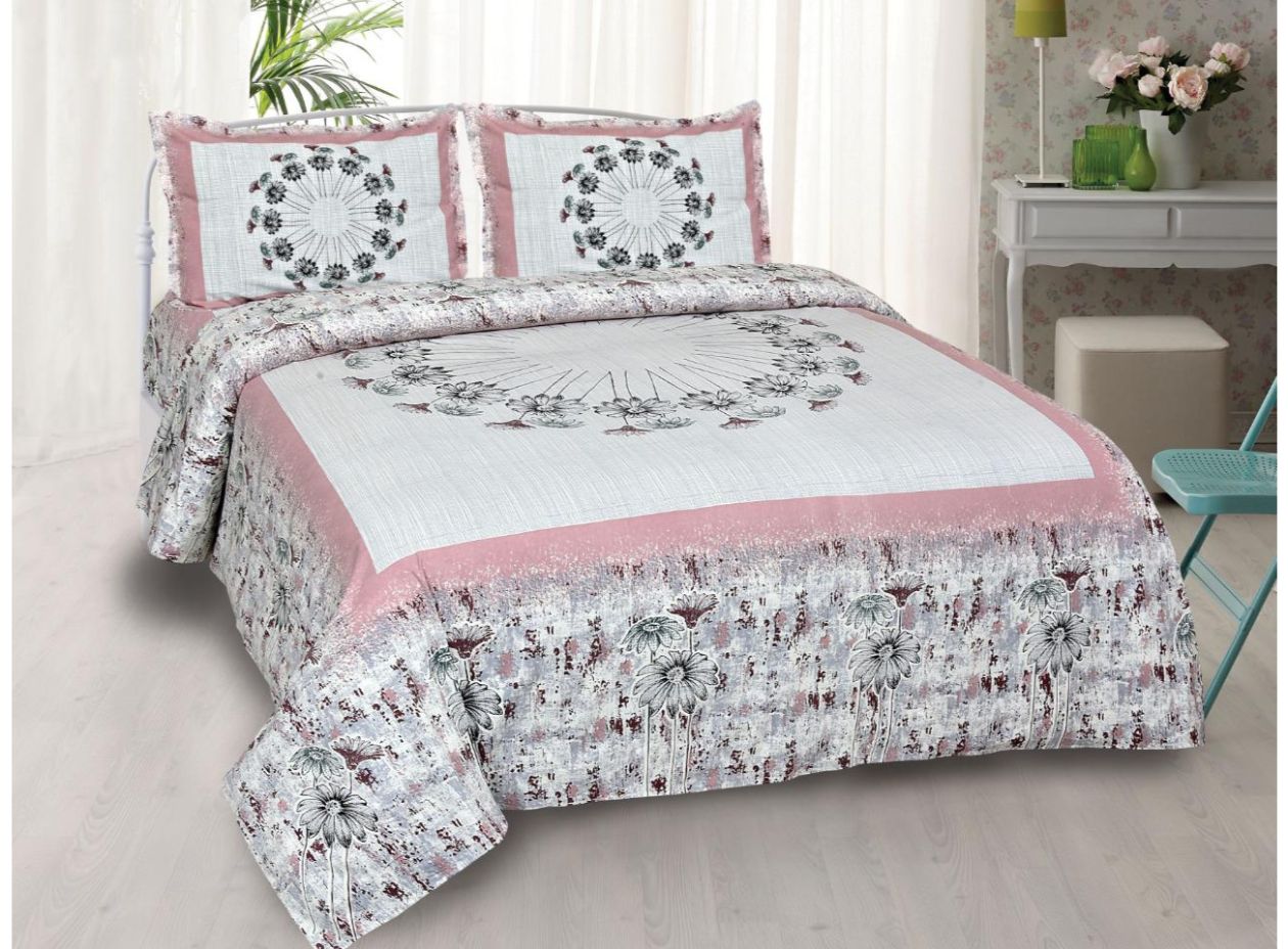 Designer Pink Base flower Print King Size Premium Cotton Bed Sheet