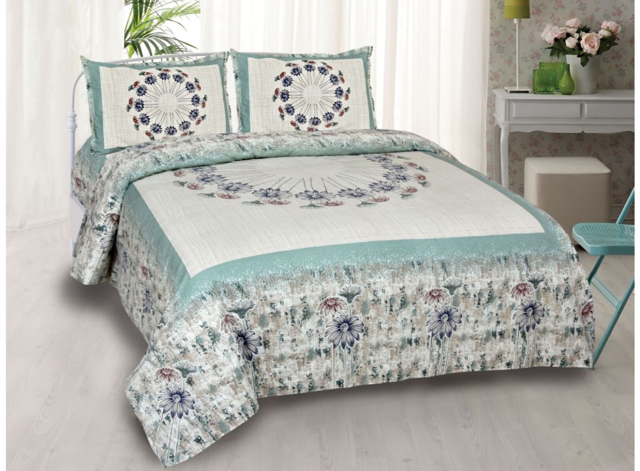 Designer Mint Green Base flower Print King Size Premium Cotton Bed Sheet