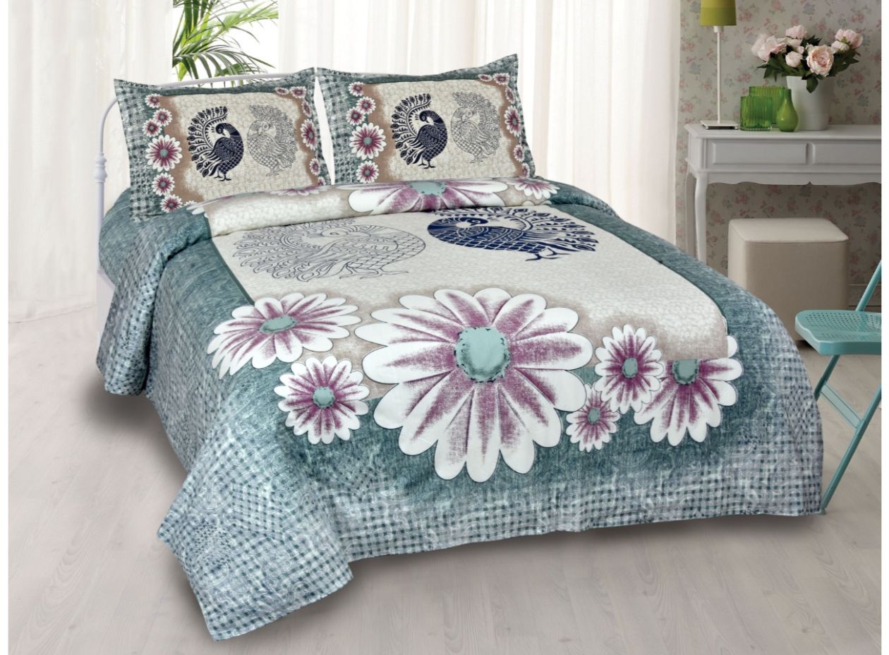 Designer Mint green flower Print King Size Premium Cotton Bed Sheet