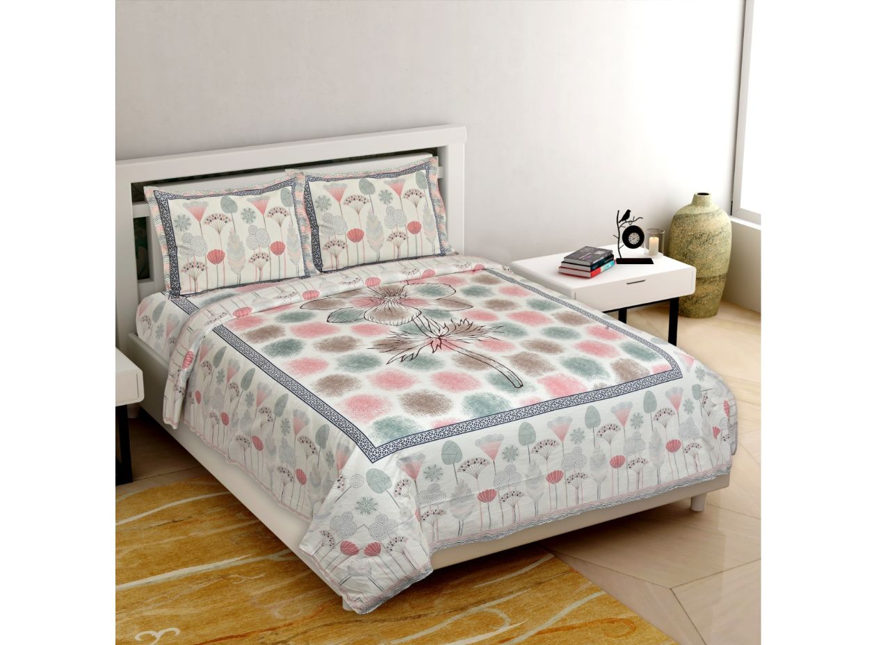 Beautiful White Base Pink & Green Print King Size Premium Cotton Bed Sheet