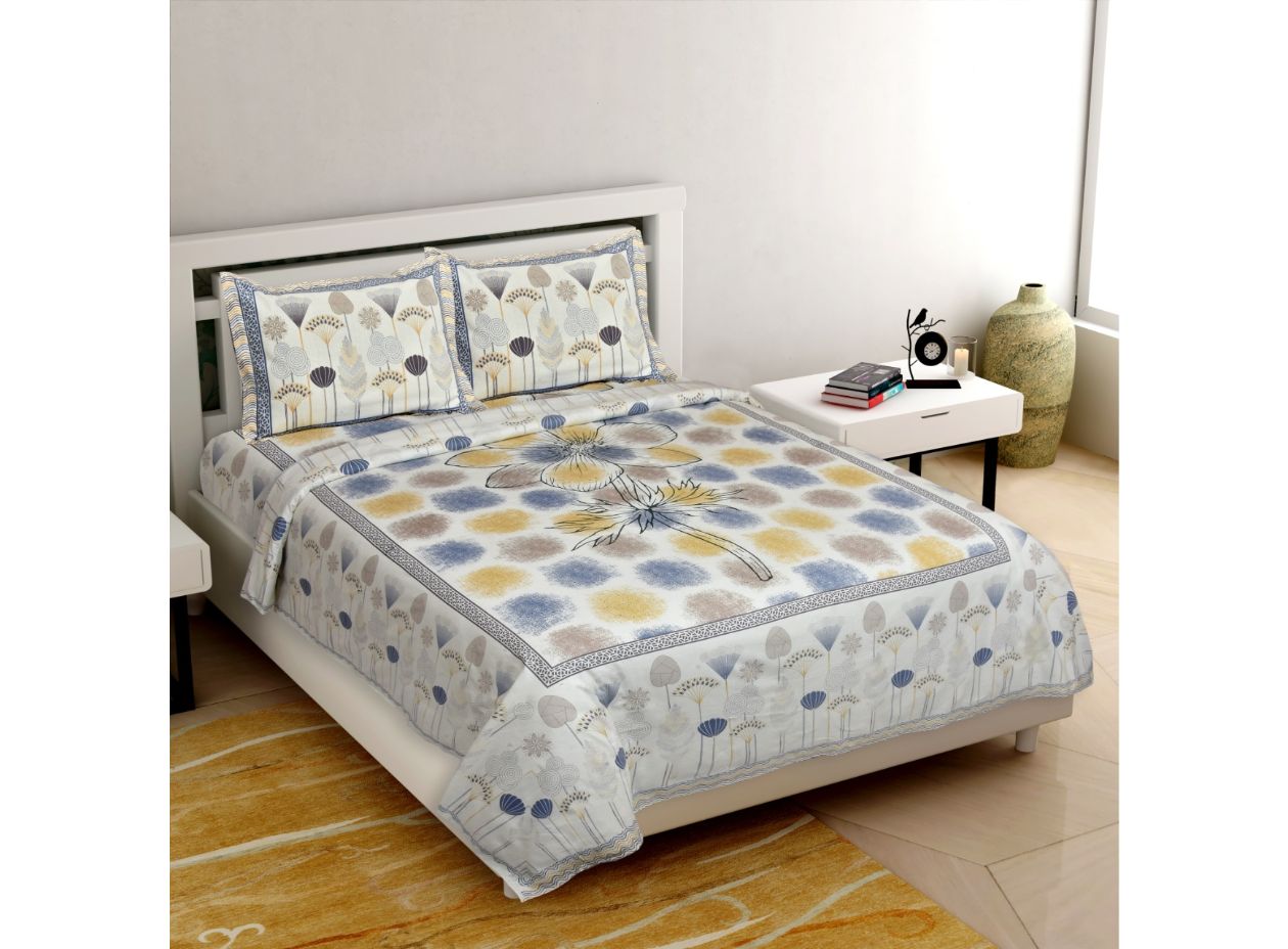 Very Beautiful & TrendyWhite Base Blue & Mustered Print King Size XL Premium Cotton Bed Sheet