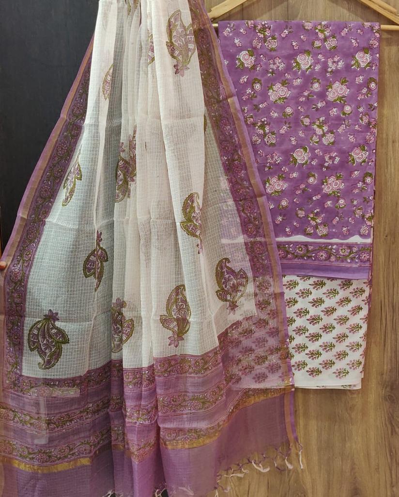 Violet Leaf Print Cotton Suit Set with Kota Doria Dupatta