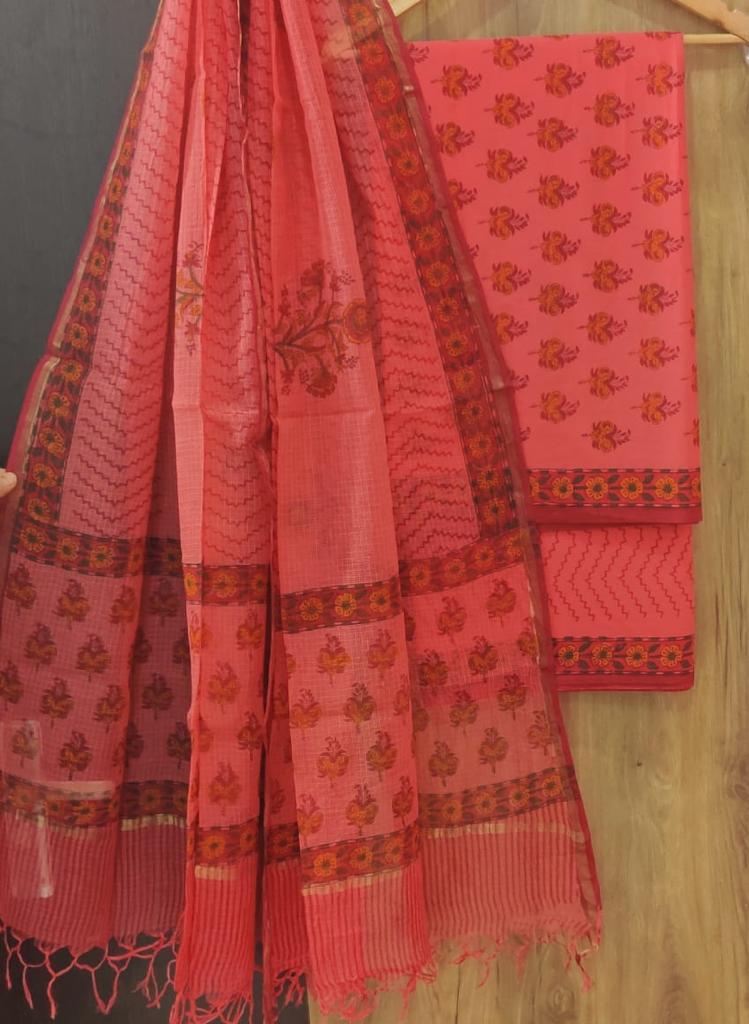 Red Leaf Print Cotton Suit Set with Kota Doria Dupatta