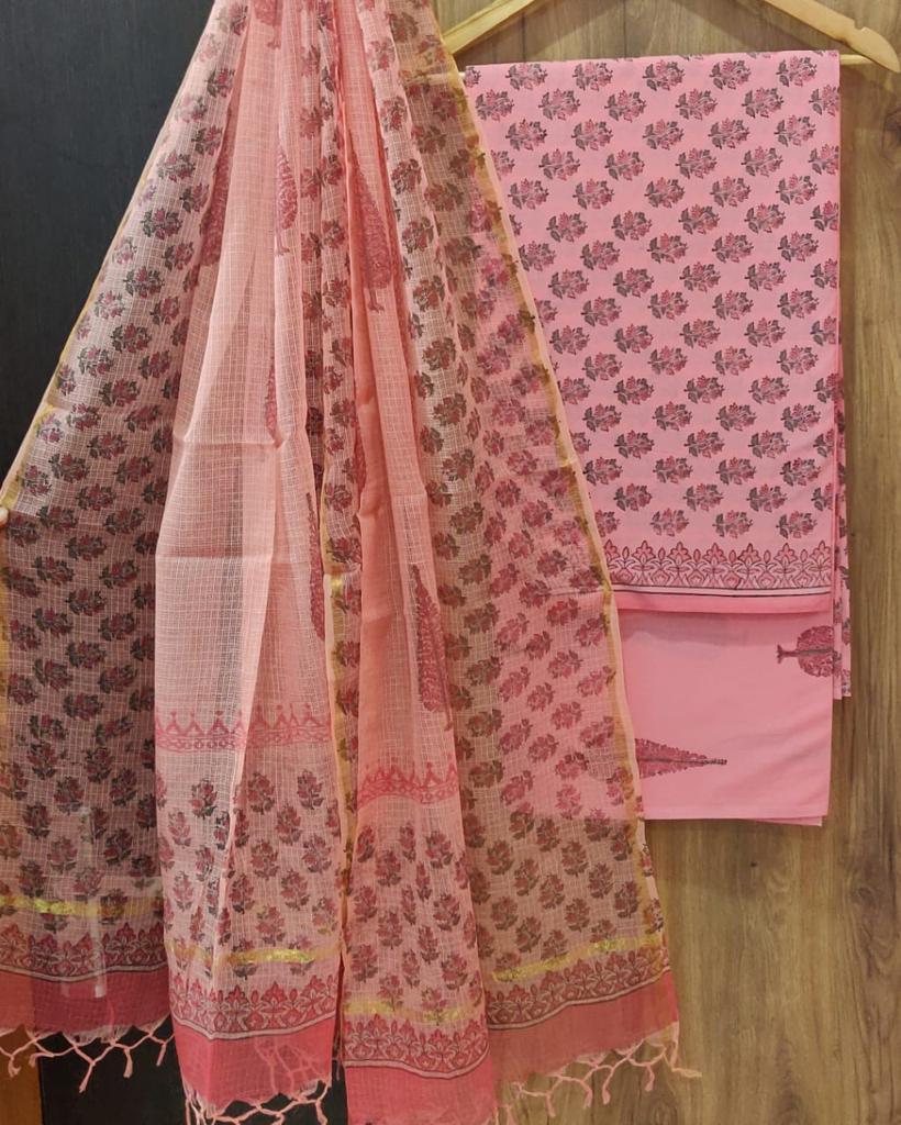 Pink Leaf Print Cotton Suit Set with Kota Doria Dupatta