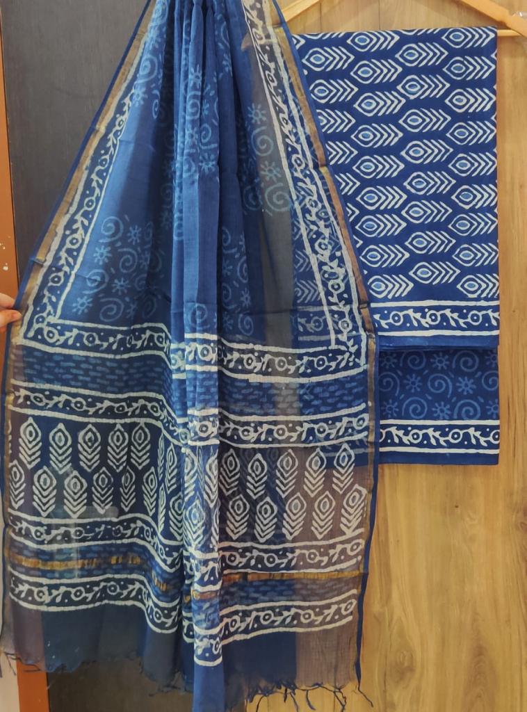 Blue Leaf Print Cotton Suit Set with Kota Doria Dupatta