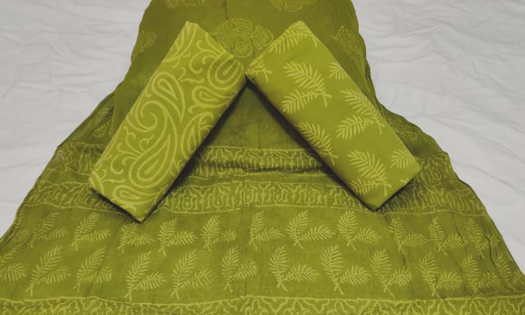 Light Green Leaf Print Cotton Unstitched Suit Set with Chiffon Dupatta