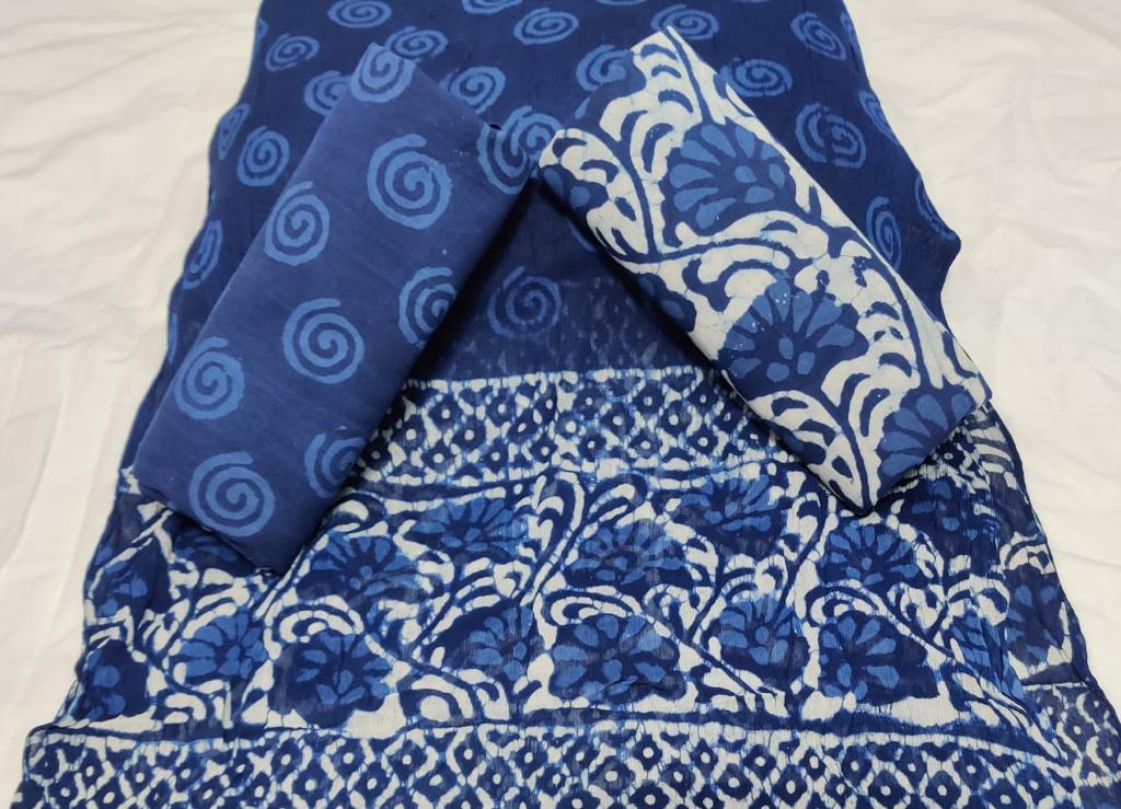 Blue Flower Print Cotton Unstitched Suit Set with Chiffon Dupatta
