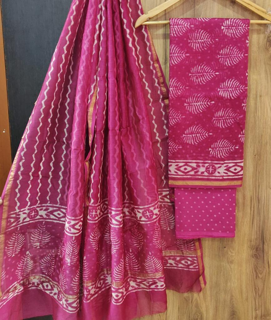Dark Pink Leaf Print Chanderi Unstitched Suit Set with Cotton Bottom