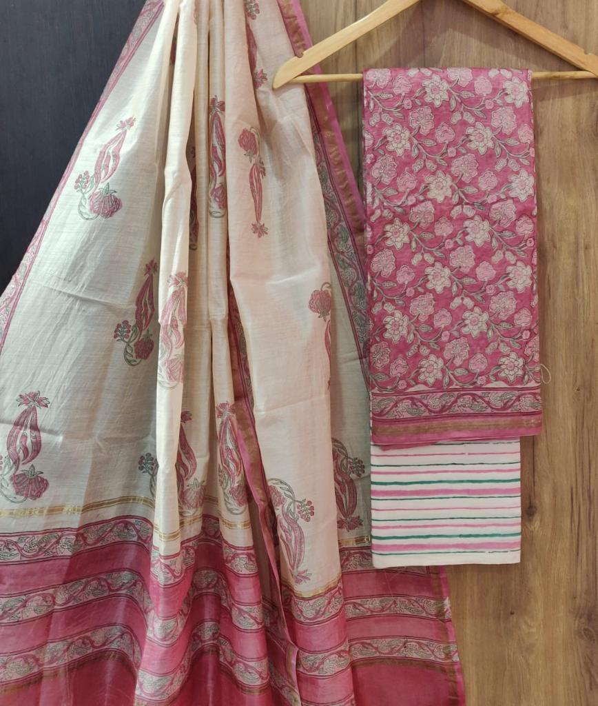White & Pink Flower Print Chanderi Unstitched Suit Set with Cotton Bottom