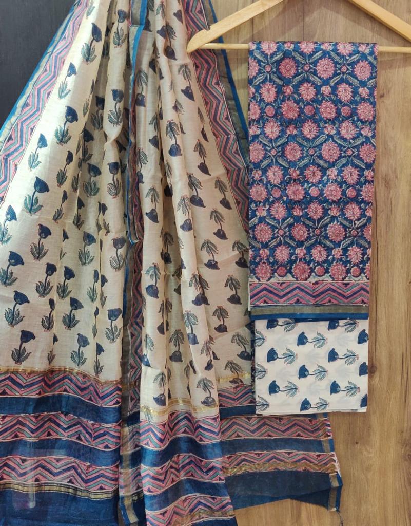 Blue Flower Print Chanderi Unstitched Suit Set with Cotton Bottom