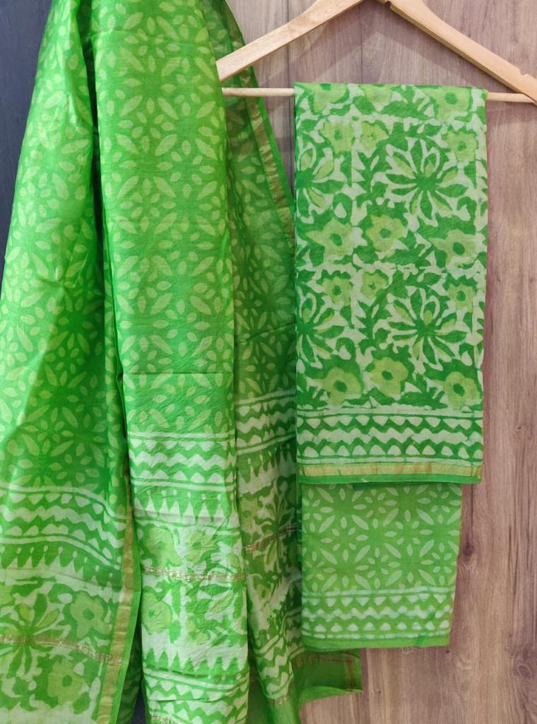 Green Leaf Print Chanderi Unstitched Suit Set with Cotton Bottom