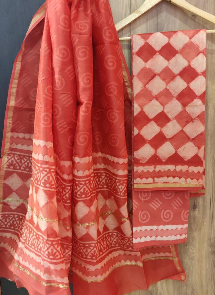 Red Square Print Chanderi Unstitched Suit Set with Cotton Bottom