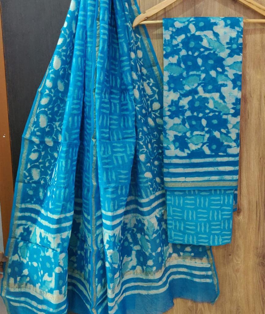 Light Blue Flower Print Chanderi Unstitched Suit Set with Cotton Bottom