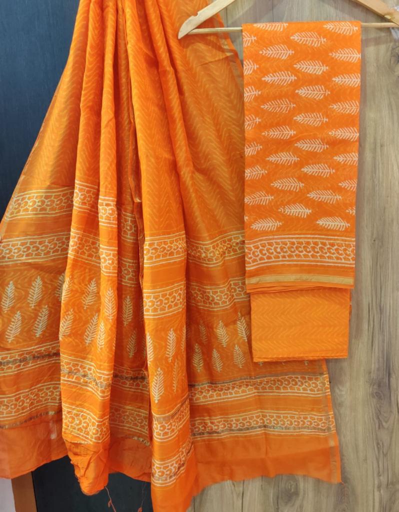 Orange Leaf Print Chanderi Unstitched Suit Set with Cotton Bottom