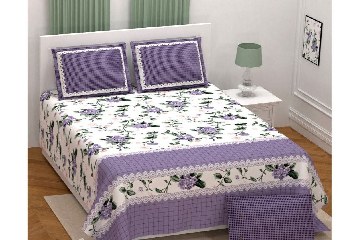 Purple Checks & Flower Print 108*108, XXL Size Premium Cotton Bed Sheet