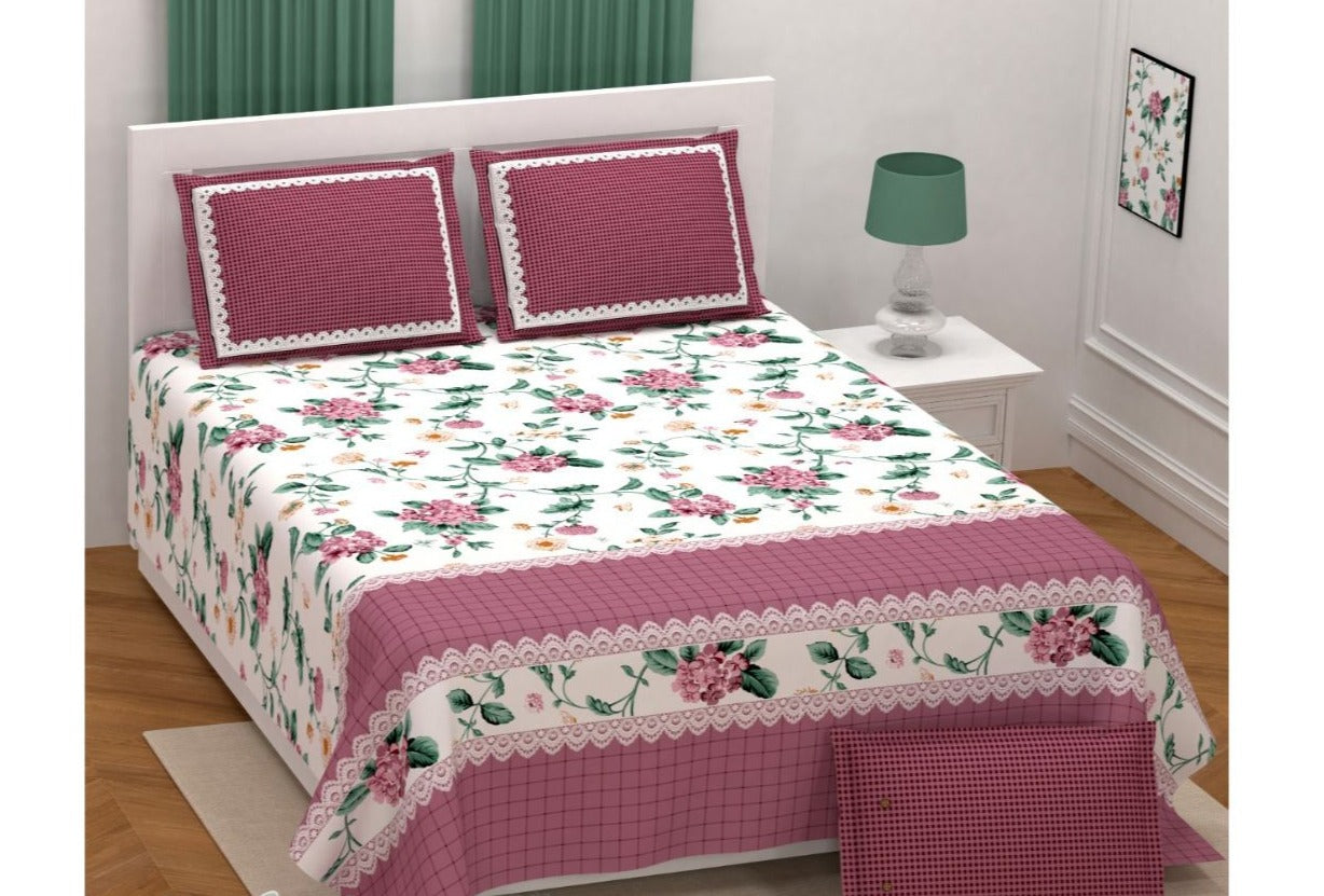 Pink Checks & Flower Print 108*108, XXL Size Premium Cotton Bed Sheet
