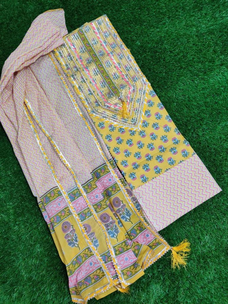 Yellow Flower Print Gota Work Cotton Suit Set with Kota Doria Duppatta