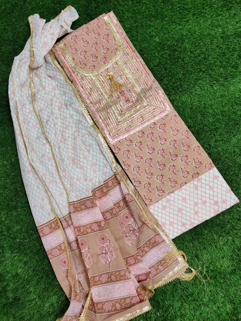 Chiku Flower Print Gota Work Cotton Suit Set with Kota Doria Duppatta