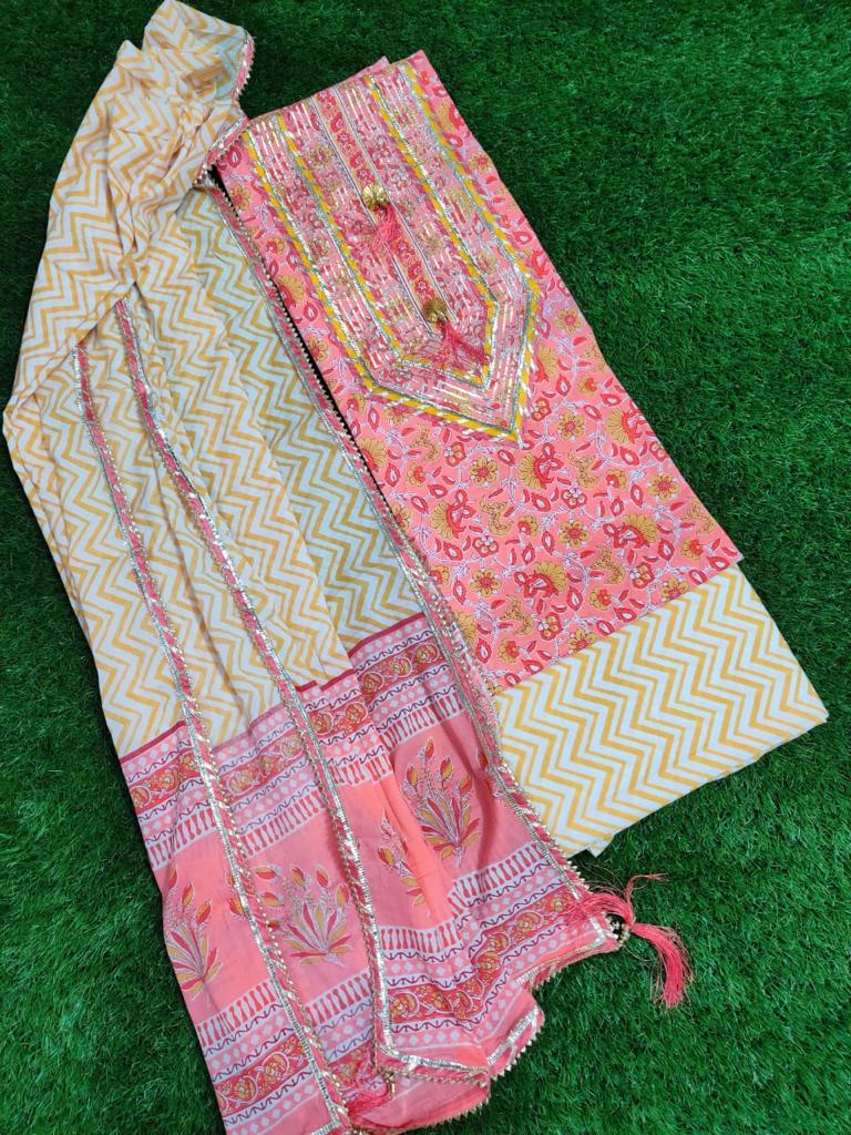 Pink Flower Print Gota Work Cotton Suit Set with Kota Doria Duppatta