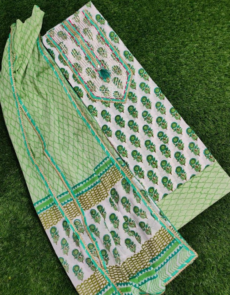 Light Green Flower Print Gota Work Cotton Suit Set with Kota Doria Duppatta
