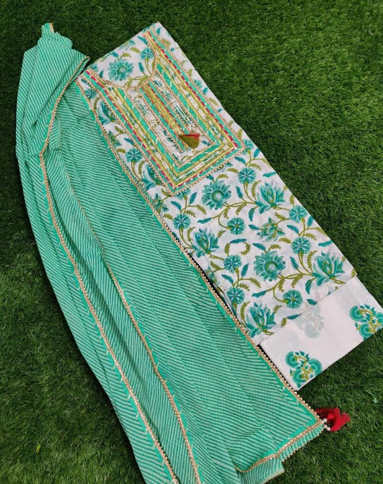 Sea Green Flower Print Gota Work Cotton Suit Set with Kota Doria Duppatta