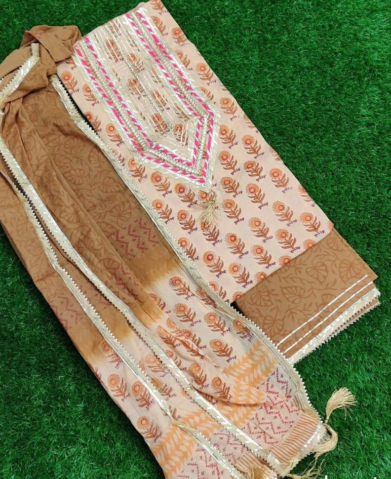 Brown Flower Print Gota Work Cotton Suit Set with Kota Doria Duppatta